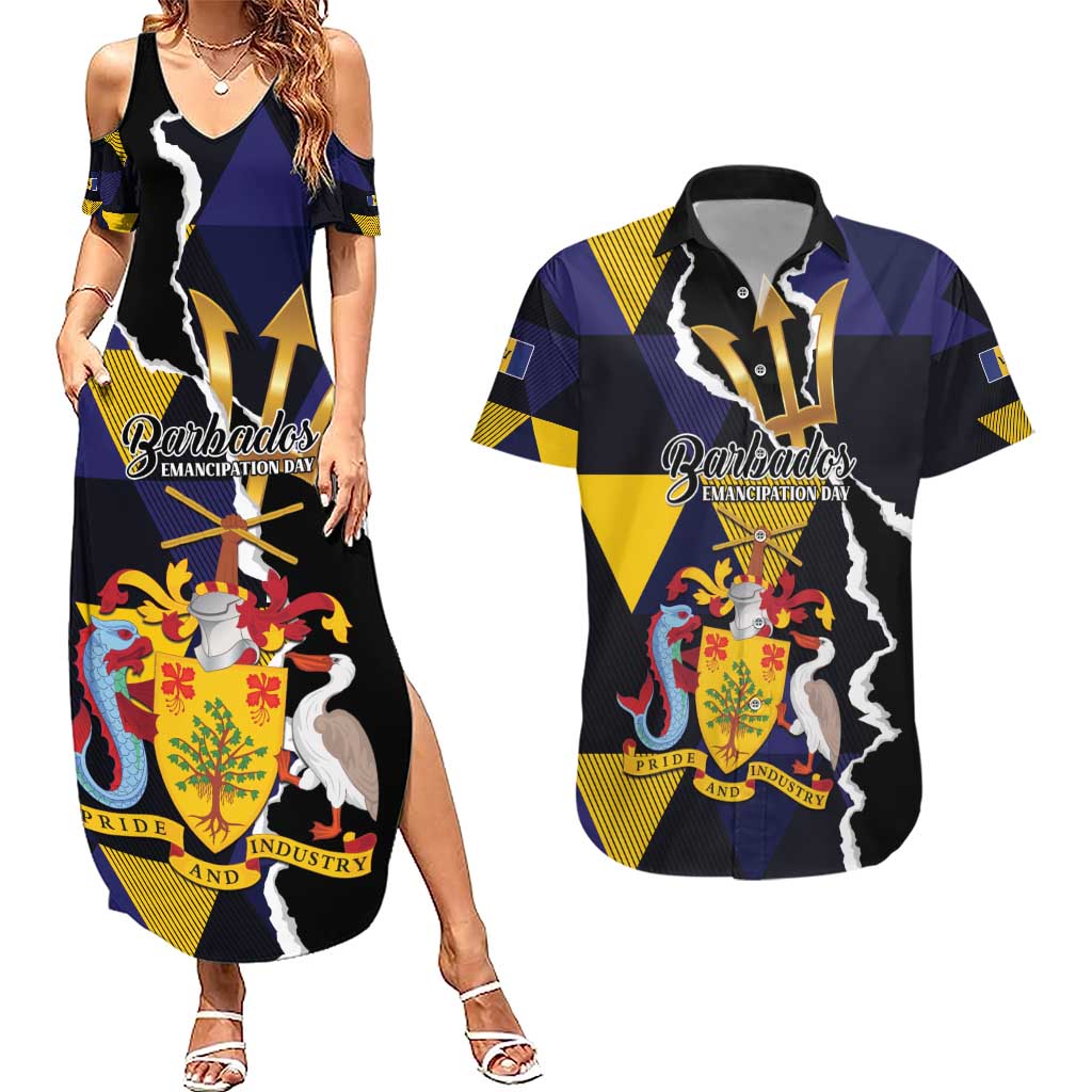 Personalized Barbados Emancipation Day Couples Matching Summer Maxi Dress and Hawaiian Shirt Luxury Gold Trident - Wonder Print Shop