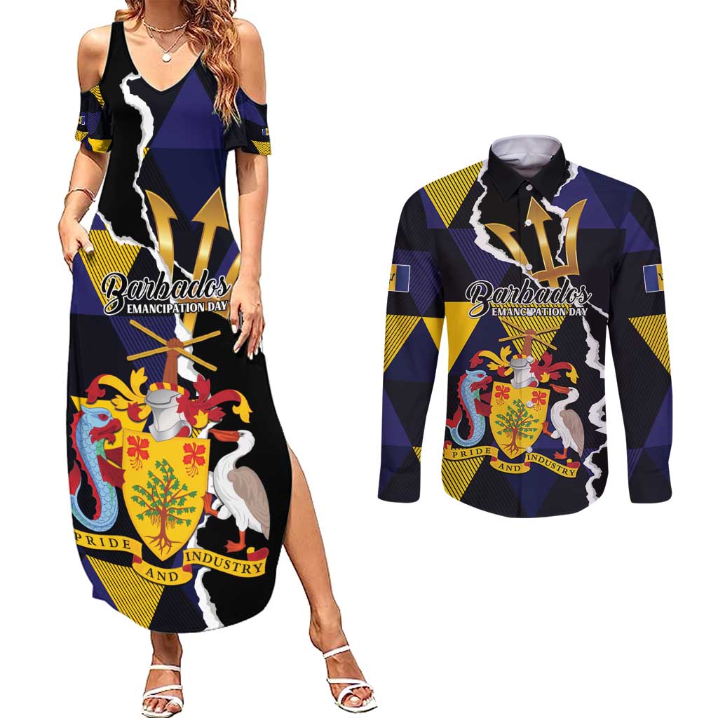 Personalized Barbados Emancipation Day Couples Matching Summer Maxi Dress and Long Sleeve Button Shirt Luxury Gold Trident - Wonder Print Shop