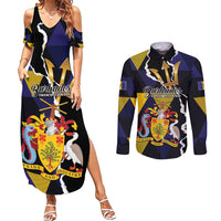 Personalized Barbados Emancipation Day Couples Matching Summer Maxi Dress and Long Sleeve Button Shirt Luxury Gold Trident - Wonder Print Shop