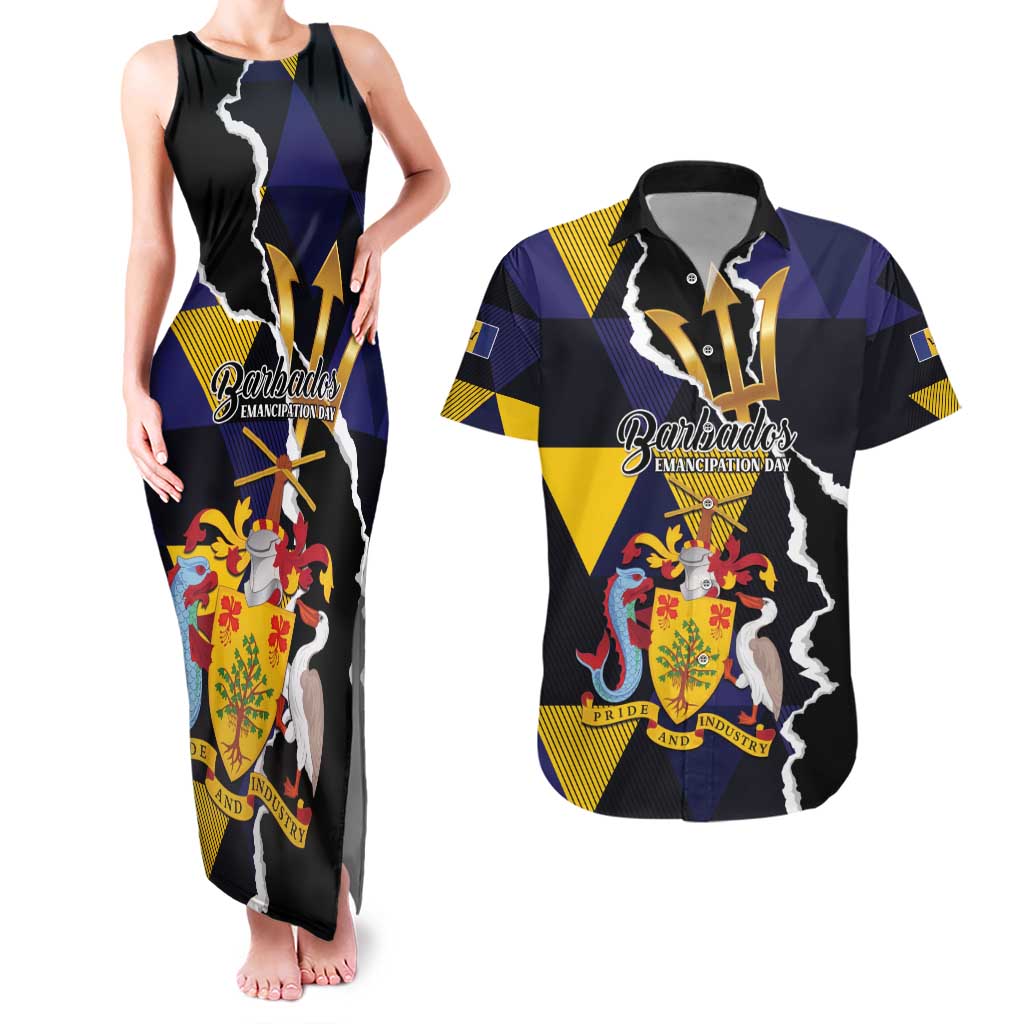 Personalized Barbados Emancipation Day Couples Matching Tank Maxi Dress and Hawaiian Shirt Luxury Gold Trident - Wonder Print Shop