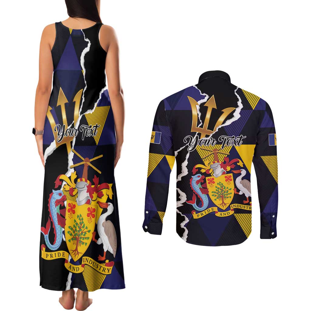 Personalized Barbados Emancipation Day Couples Matching Tank Maxi Dress and Long Sleeve Button Shirt Luxury Gold Trident - Wonder Print Shop