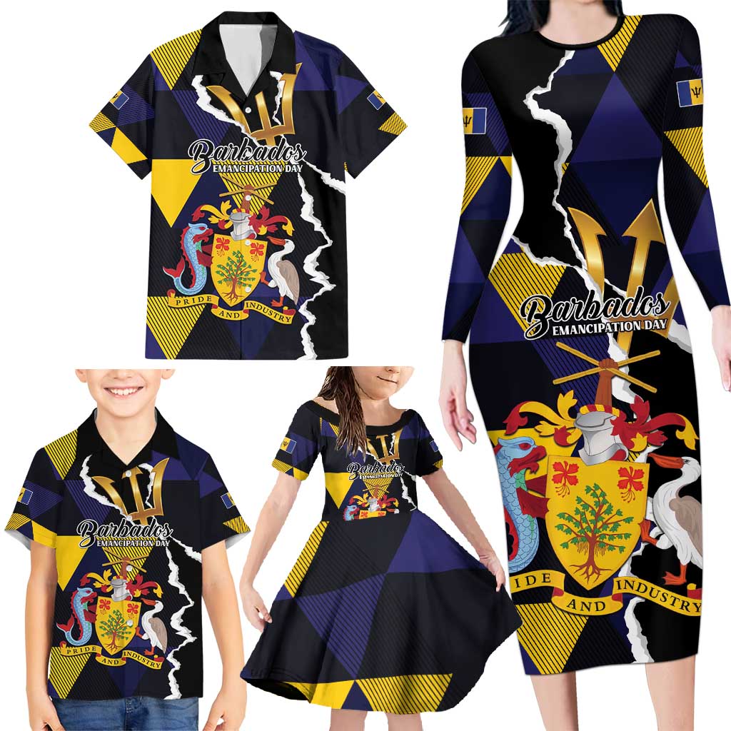 Personalized Barbados Emancipation Day Family Matching Long Sleeve Bodycon Dress and Hawaiian Shirt Luxury Gold Trident - Wonder Print Shop