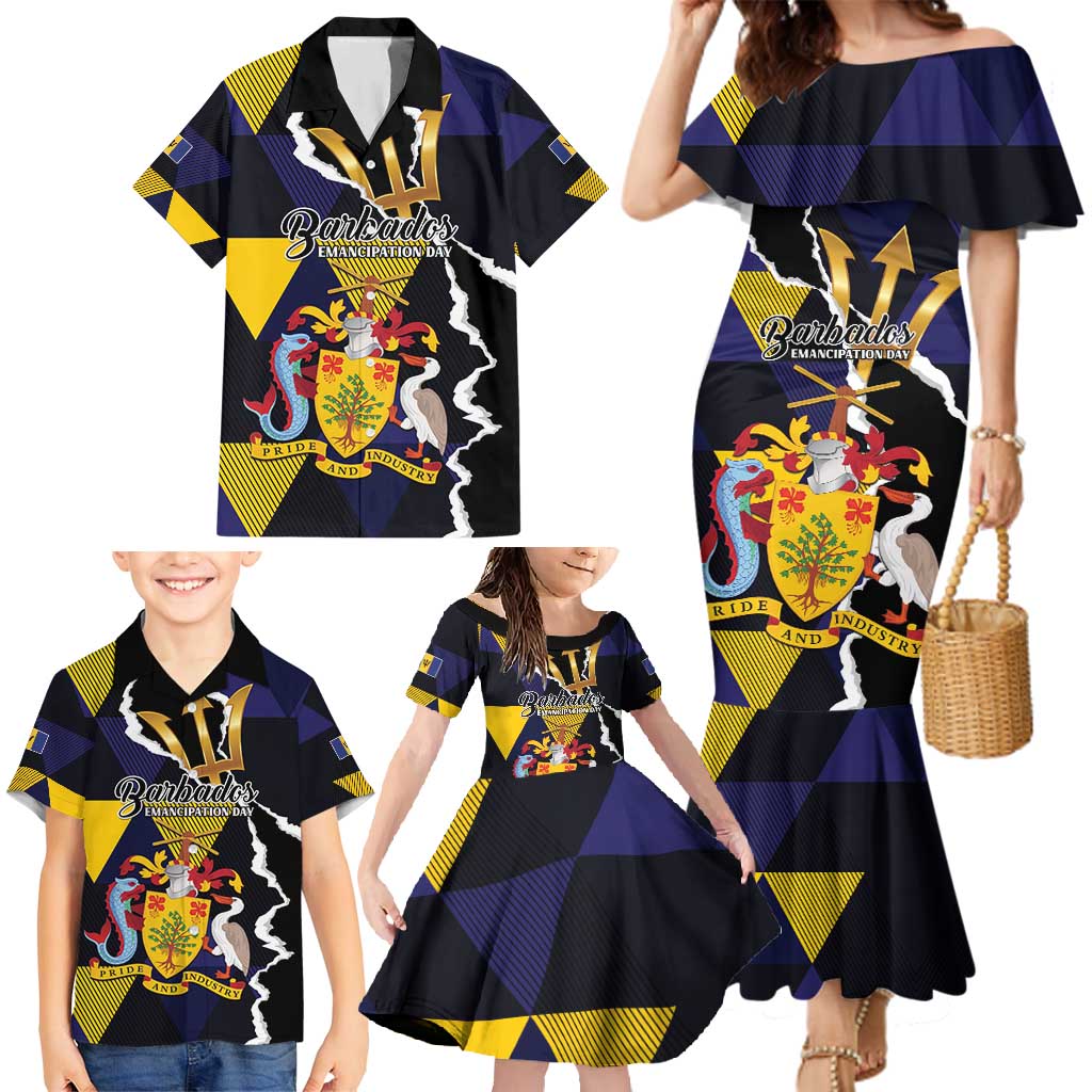 Personalized Barbados Emancipation Day Family Matching Mermaid Dress and Hawaiian Shirt Luxury Gold Trident - Wonder Print Shop