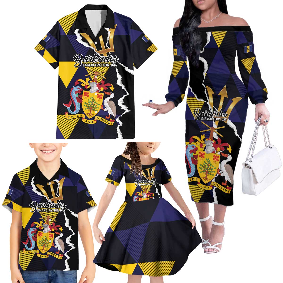 Personalized Barbados Emancipation Day Family Matching Off The Shoulder Long Sleeve Dress and Hawaiian Shirt Luxury Gold Trident - Wonder Print Shop
