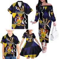 Personalized Barbados Emancipation Day Family Matching Off The Shoulder Long Sleeve Dress and Hawaiian Shirt Luxury Gold Trident - Wonder Print Shop