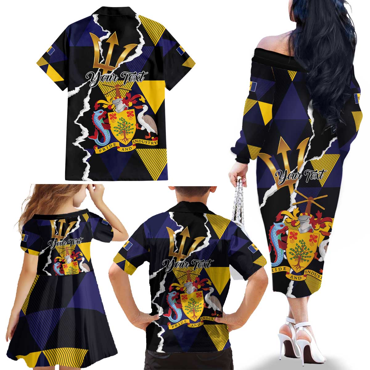 Personalized Barbados Emancipation Day Family Matching Off The Shoulder Long Sleeve Dress and Hawaiian Shirt Luxury Gold Trident - Wonder Print Shop