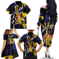 Personalized Barbados Emancipation Day Family Matching Off The Shoulder Long Sleeve Dress and Hawaiian Shirt Luxury Gold Trident - Wonder Print Shop
