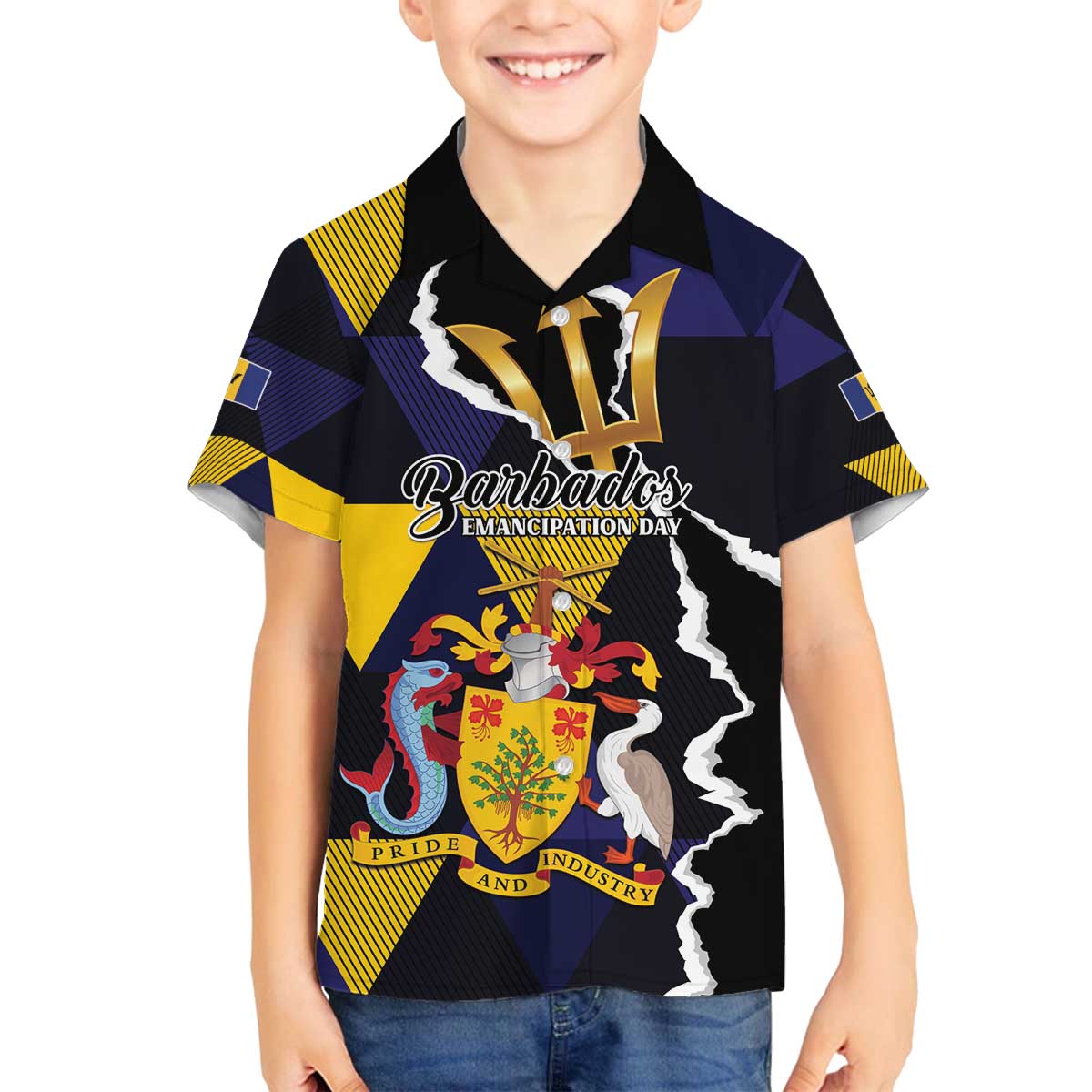 Personalized Barbados Emancipation Day Family Matching Off The Shoulder Long Sleeve Dress and Hawaiian Shirt Luxury Gold Trident - Wonder Print Shop