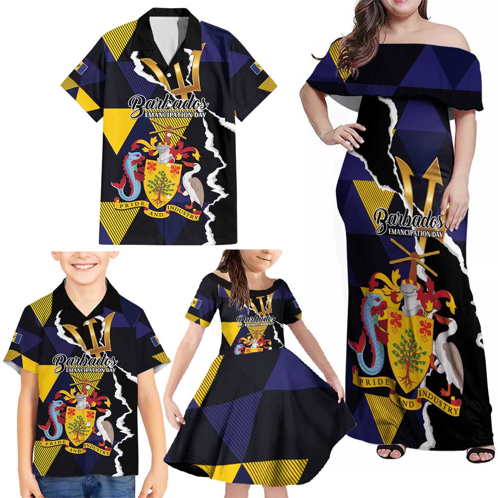 Personalized Barbados Emancipation Day Family Matching Off Shoulder Maxi Dress and Hawaiian Shirt Luxury Gold Trident - Wonder Print Shop