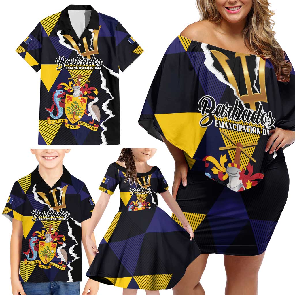 Personalized Barbados Emancipation Day Family Matching Off Shoulder Short Dress and Hawaiian Shirt Luxury Gold Trident - Wonder Print Shop