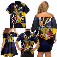 Personalized Barbados Emancipation Day Family Matching Off Shoulder Short Dress and Hawaiian Shirt Luxury Gold Trident - Wonder Print Shop