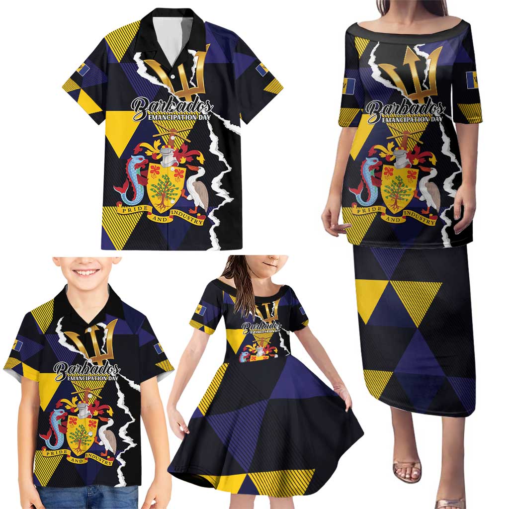 Personalized Barbados Emancipation Day Family Matching Puletasi and Hawaiian Shirt Luxury Gold Trident - Wonder Print Shop