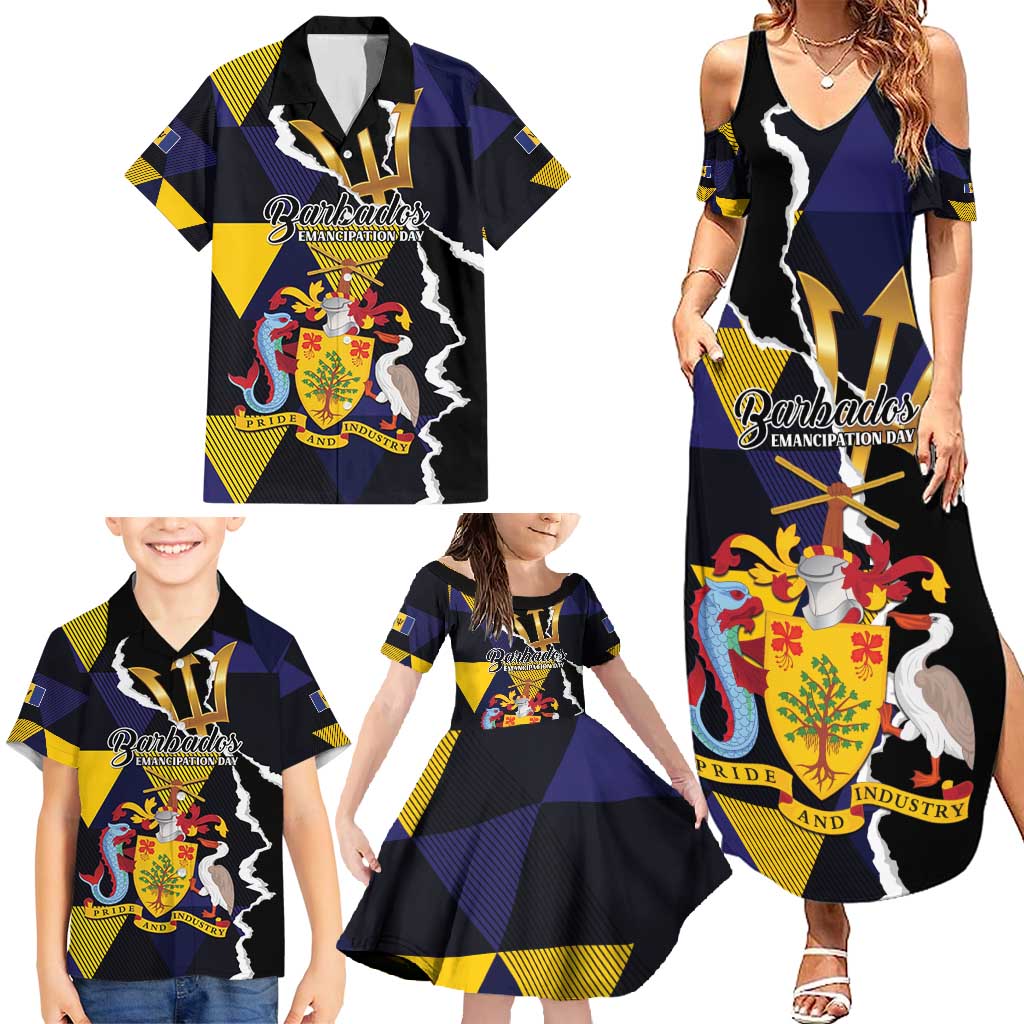 Personalized Barbados Emancipation Day Family Matching Summer Maxi Dress and Hawaiian Shirt Luxury Gold Trident - Wonder Print Shop