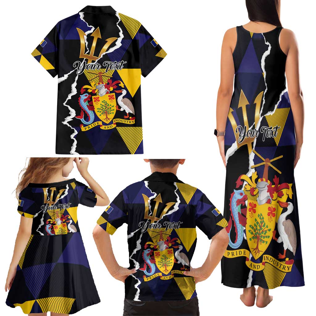 Personalized Barbados Emancipation Day Family Matching Tank Maxi Dress and Hawaiian Shirt Luxury Gold Trident - Wonder Print Shop