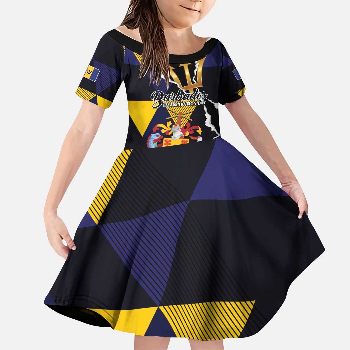 Personalized Barbados Emancipation Day Kid Short Sleeve Dress Luxury Gold Trident - Wonder Print Shop