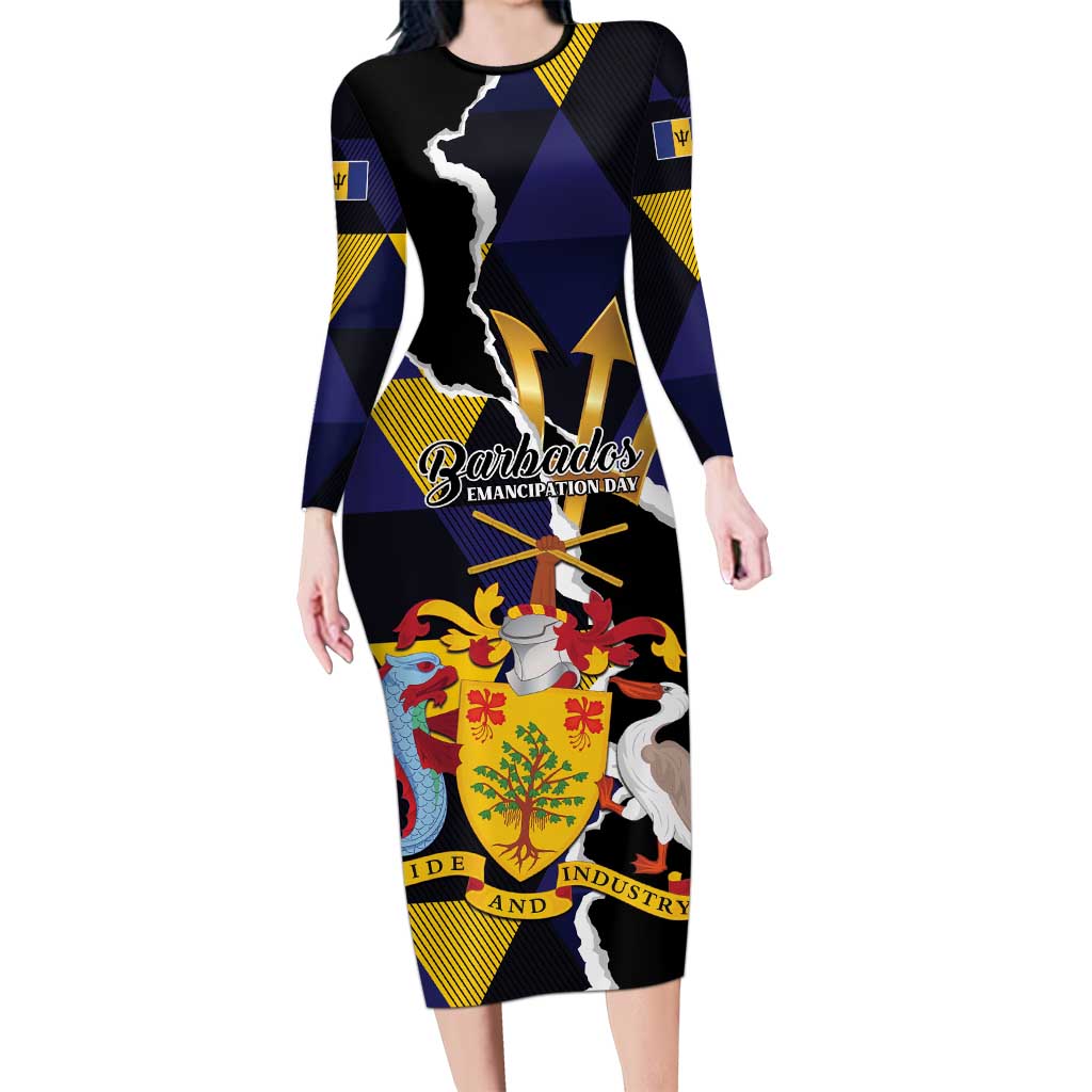 Personalized Barbados Emancipation Day Long Sleeve Bodycon Dress Luxury Gold Trident - Wonder Print Shop