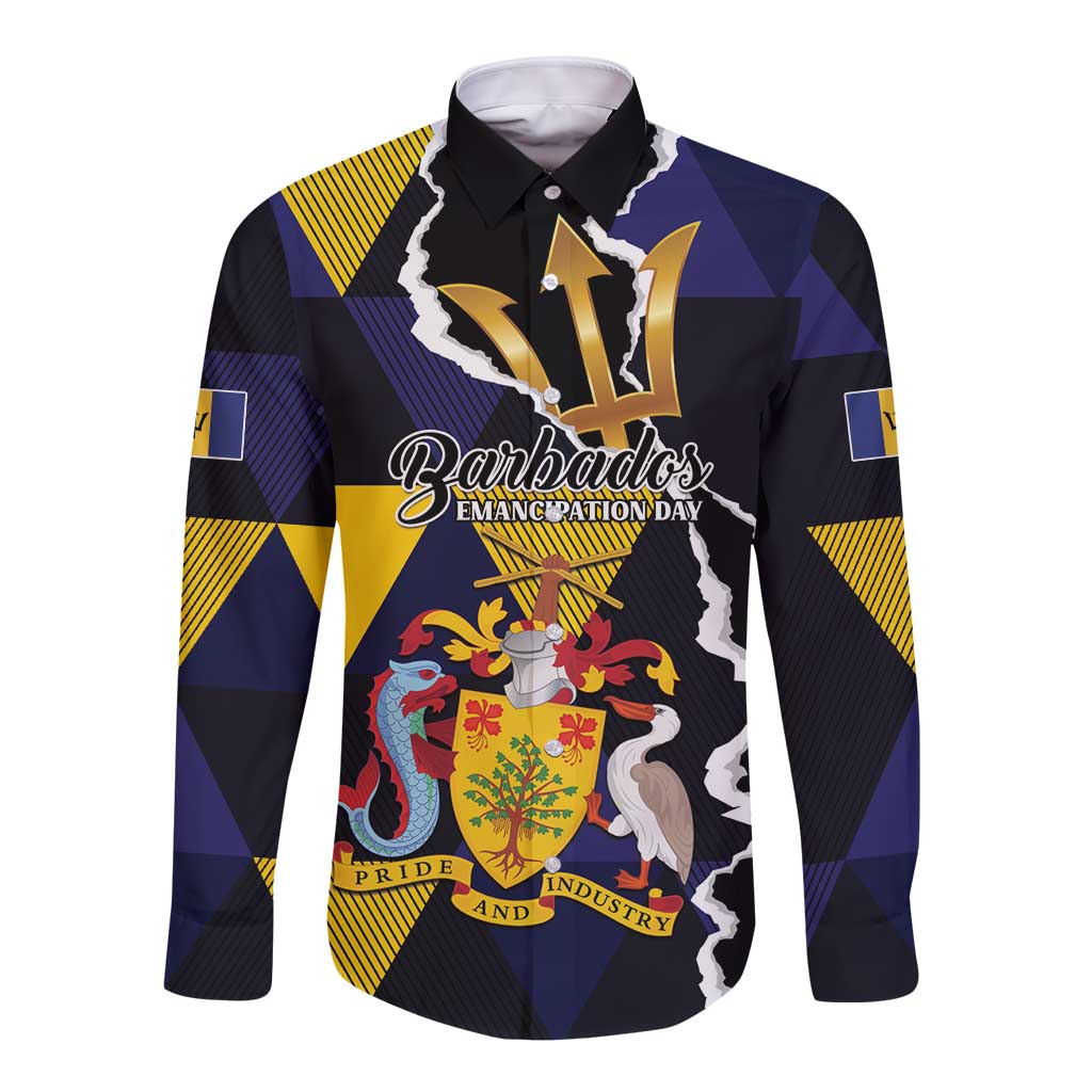 Personalized Barbados Emancipation Day Long Sleeve Button Shirt Luxury Gold Trident - Wonder Print Shop