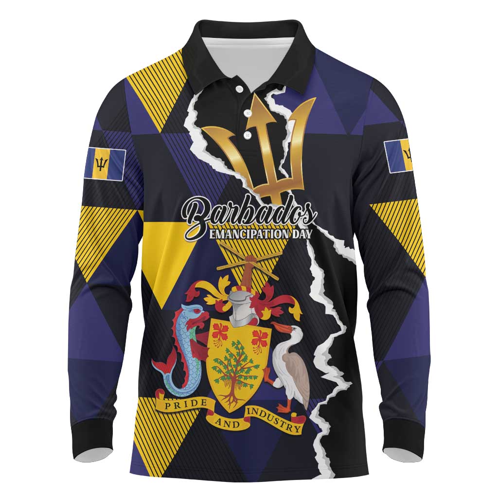 Personalized Barbados Emancipation Day Long Sleeve Polo Shirt Luxury Gold Trident - Wonder Print Shop