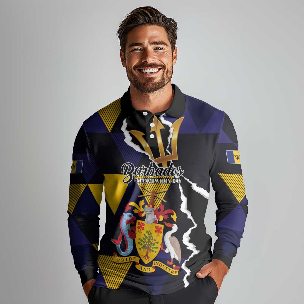 Personalized Barbados Emancipation Day Long Sleeve Polo Shirt Luxury Gold Trident - Wonder Print Shop