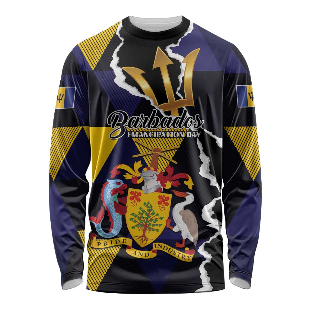 Personalized Barbados Emancipation Day Long Sleeve Shirt Luxury Gold Trident - Wonder Print Shop