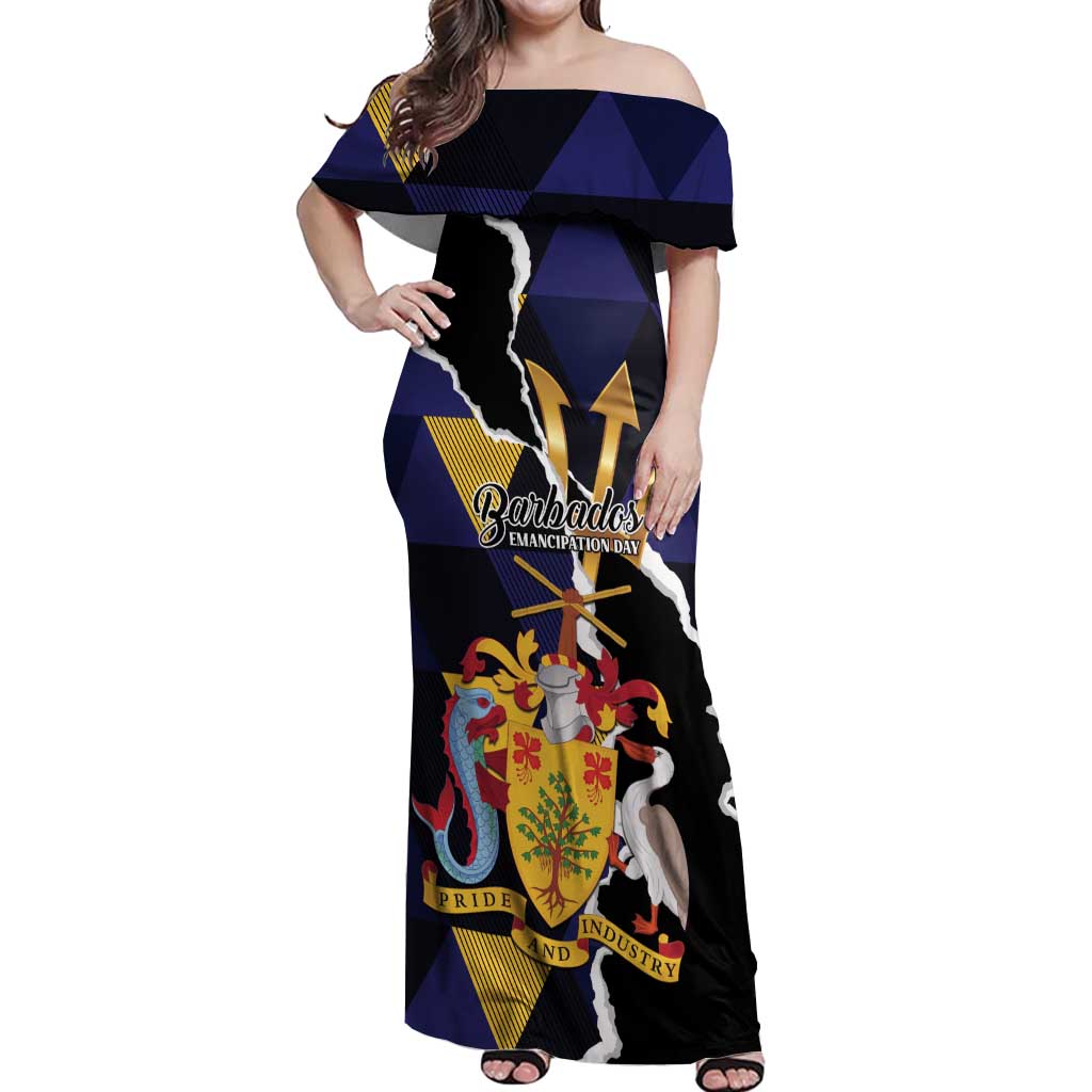 Personalized Barbados Emancipation Day Off Shoulder Maxi Dress Luxury Gold Trident - Wonder Print Shop