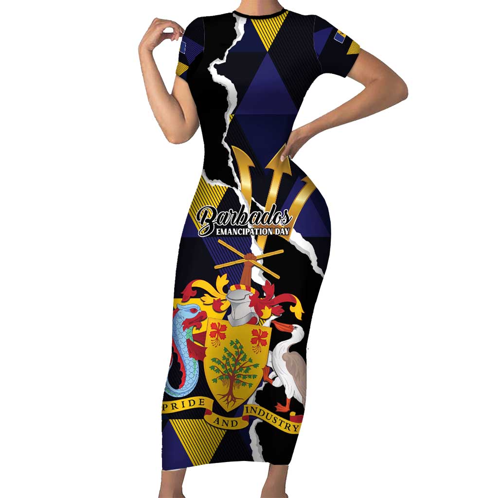 Personalized Barbados Emancipation Day Short Sleeve Bodycon Dress Luxury Gold Trident - Wonder Print Shop