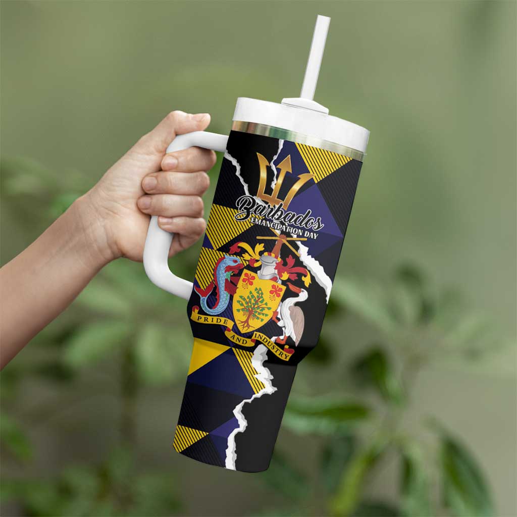 Personalized Barbados Emancipation Day Tumbler With Handle Luxury Gold Trident - Wonder Print Shop