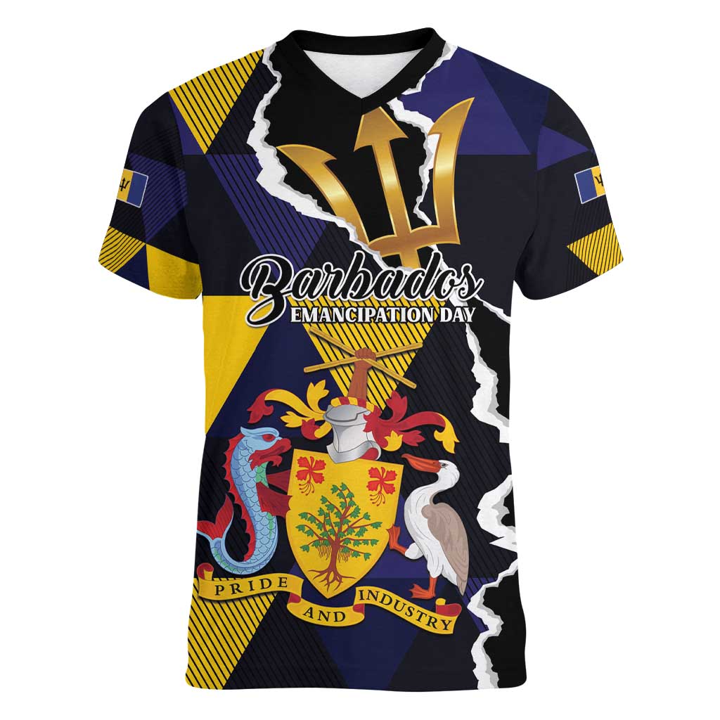 Personalized Barbados Emancipation Day Women V-Neck T-Shirt Luxury Gold Trident - Wonder Print Shop