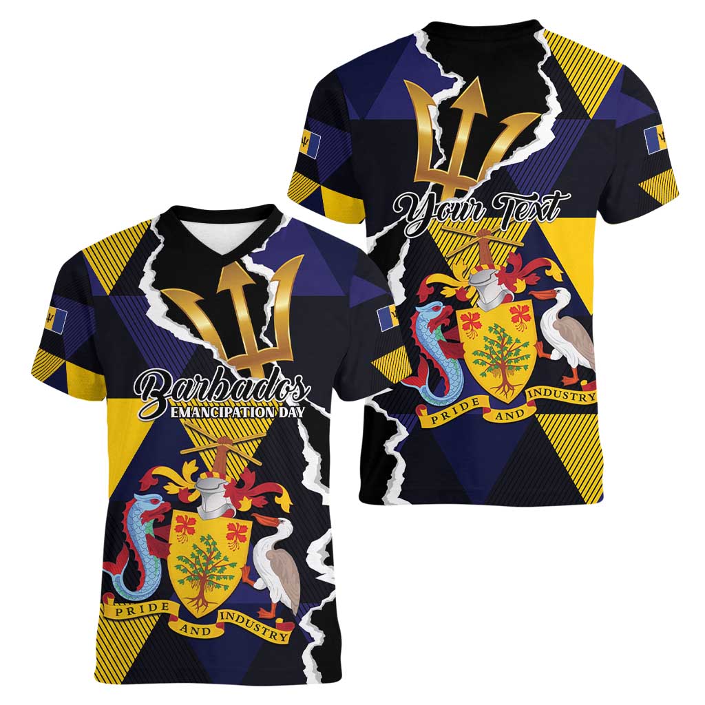 Personalized Barbados Emancipation Day Women V-Neck T-Shirt Luxury Gold Trident - Wonder Print Shop
