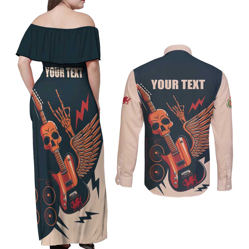 Rock and Roll Skull Guitar Couples Matching Off Shoulder Maxi Dress and Long Sleeve Button Shirt Welsh Dragon - Wonder Print Shop