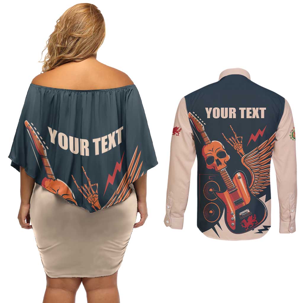 Rock and Roll Skull Guitar Couples Matching Off Shoulder Short Dress and Long Sleeve Button Shirt Welsh Dragon - Wonder Print Shop