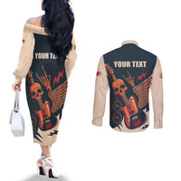Rock and Roll Skull Guitar Couples Matching Off The Shoulder Long Sleeve Dress and Long Sleeve Button Shirt Welsh Dragon
