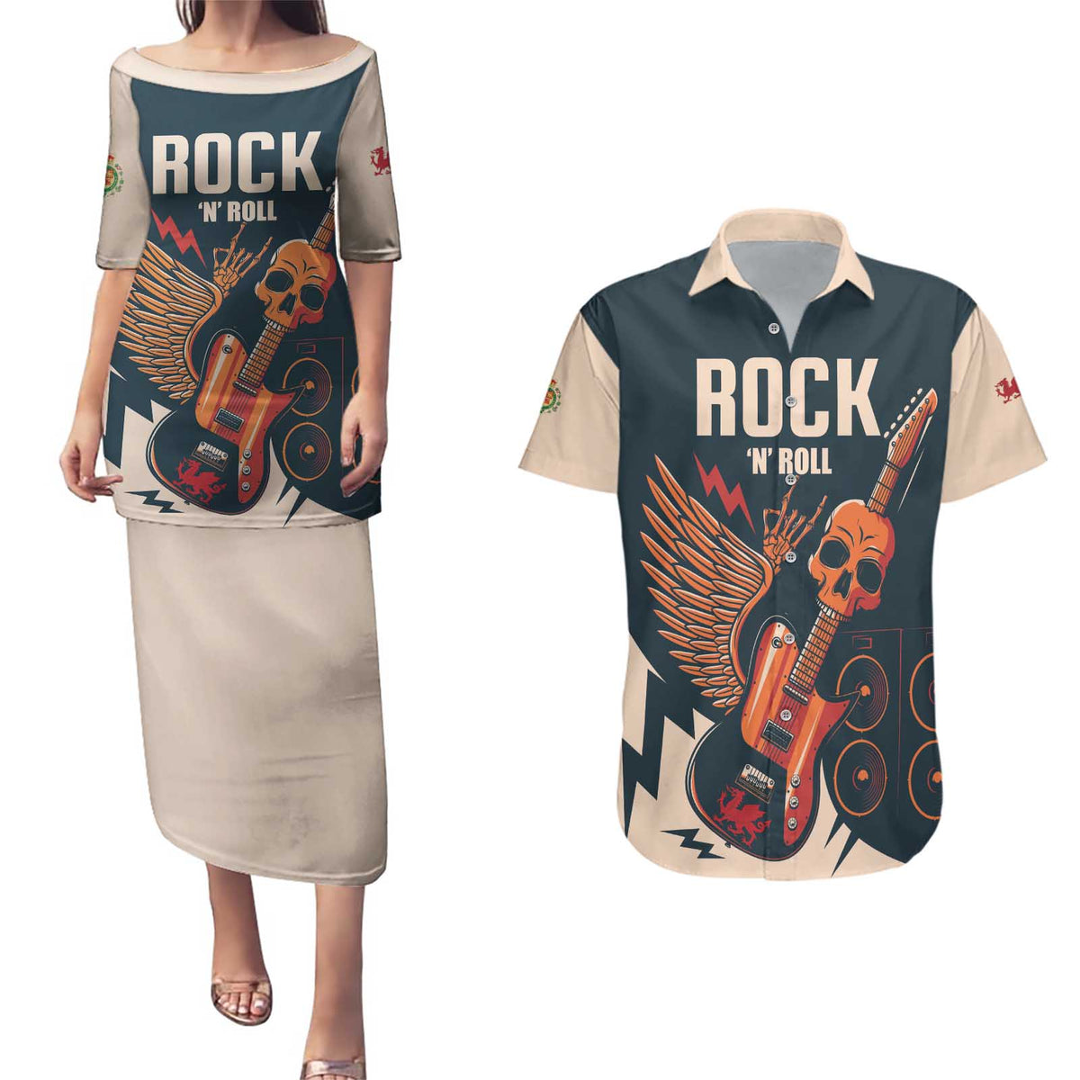 Rock and Roll Skull Guitar Couples Matching Puletasi and Hawaiian Shirt Welsh Dragon - Wonder Print Shop