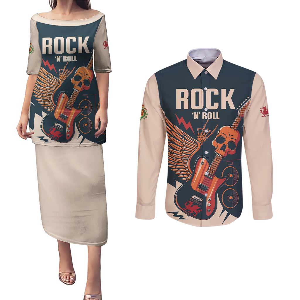Rock and Roll Skull Guitar Couples Matching Puletasi and Long Sleeve Button Shirt Welsh Dragon - Wonder Print Shop