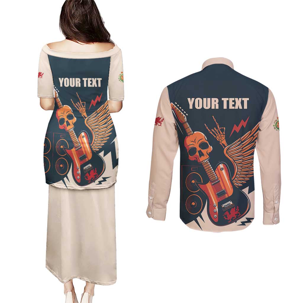 Rock and Roll Skull Guitar Couples Matching Puletasi and Long Sleeve Button Shirt Welsh Dragon - Wonder Print Shop