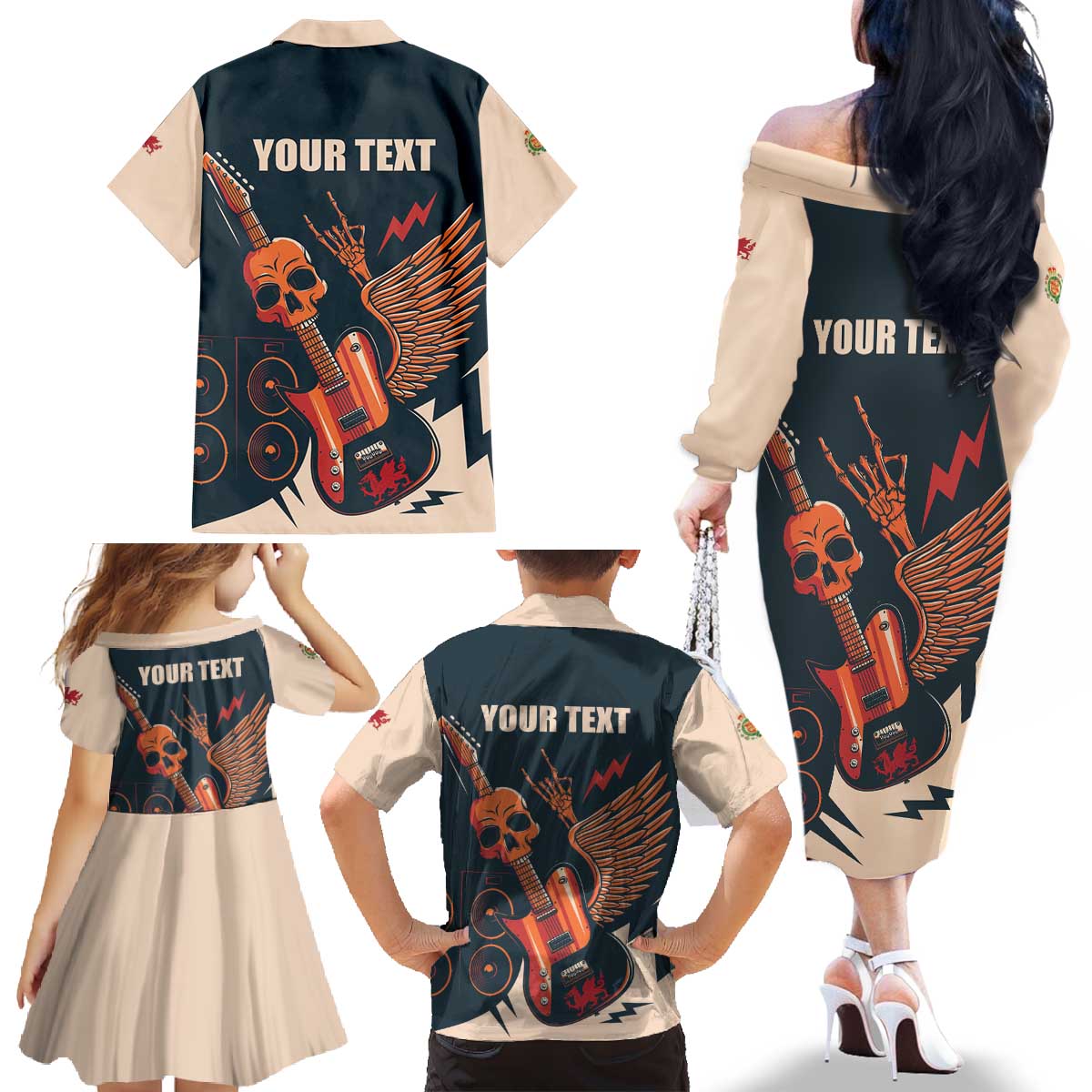 Rock and Roll Skull Guitar Family Matching Off The Shoulder Long Sleeve Dress and Hawaiian Shirt Welsh Dragon - Wonder Print Shop