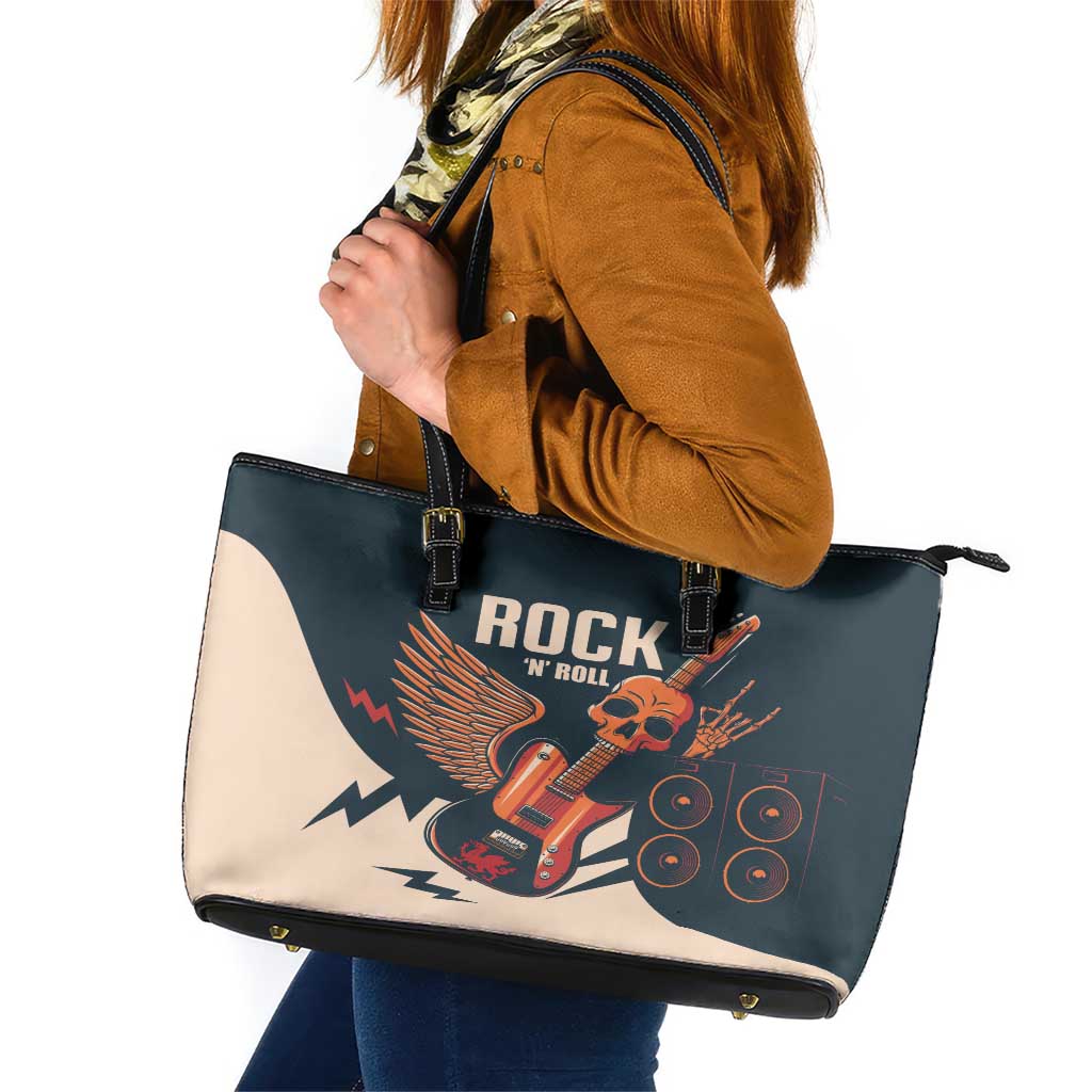 Rock and Roll Skull Guitar Leather Tote Bag Welsh Dragon - Wonder Print Shop