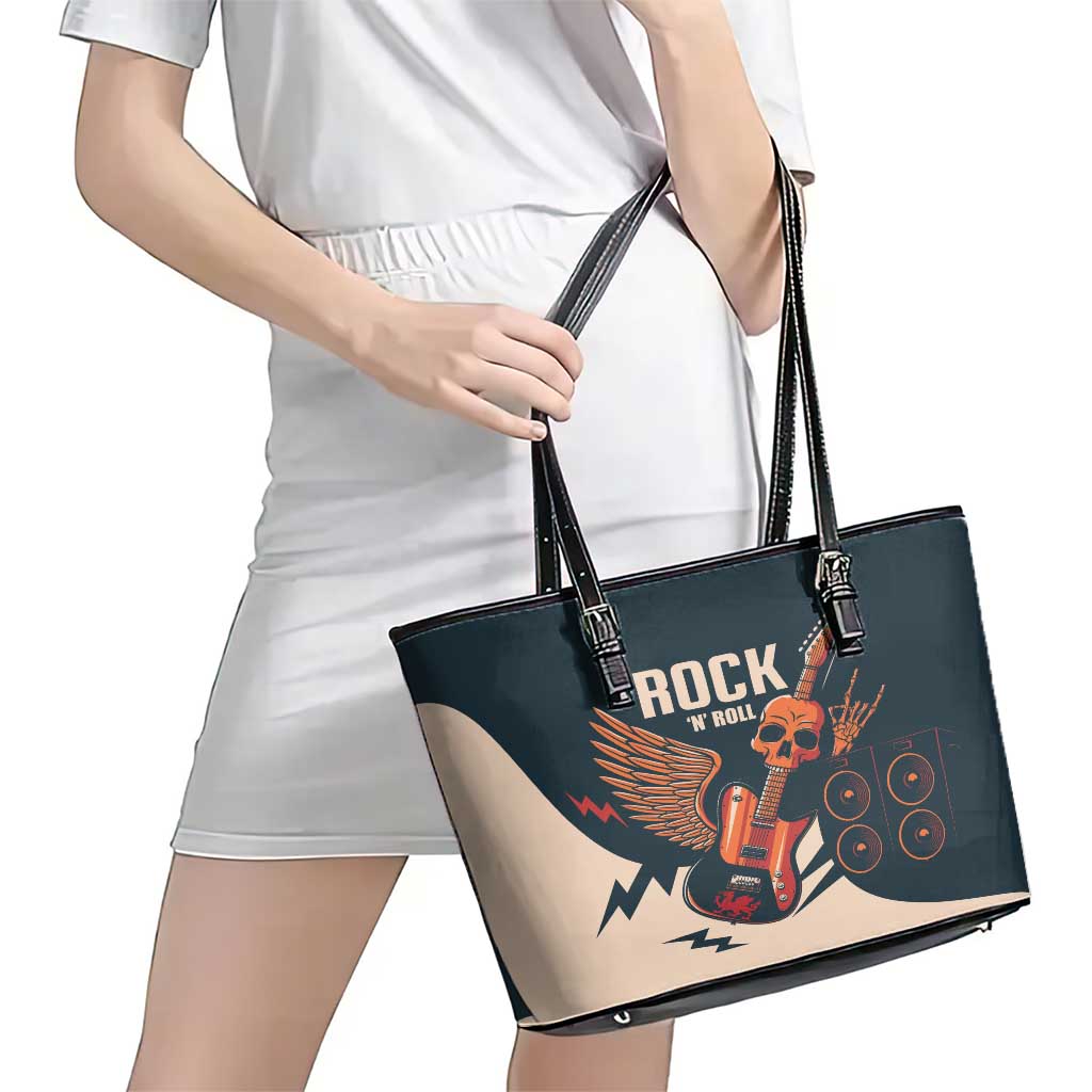 Rock and Roll Skull Guitar Leather Tote Bag Welsh Dragon - Wonder Print Shop