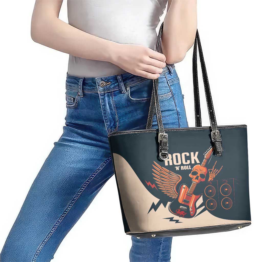 Rock and Roll Skull Guitar Leather Tote Bag Welsh Dragon - Wonder Print Shop