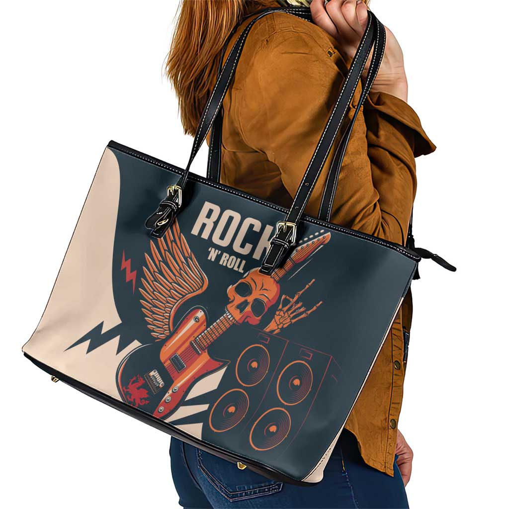 Rock and Roll Skull Guitar Leather Tote Bag Welsh Dragon - Wonder Print Shop