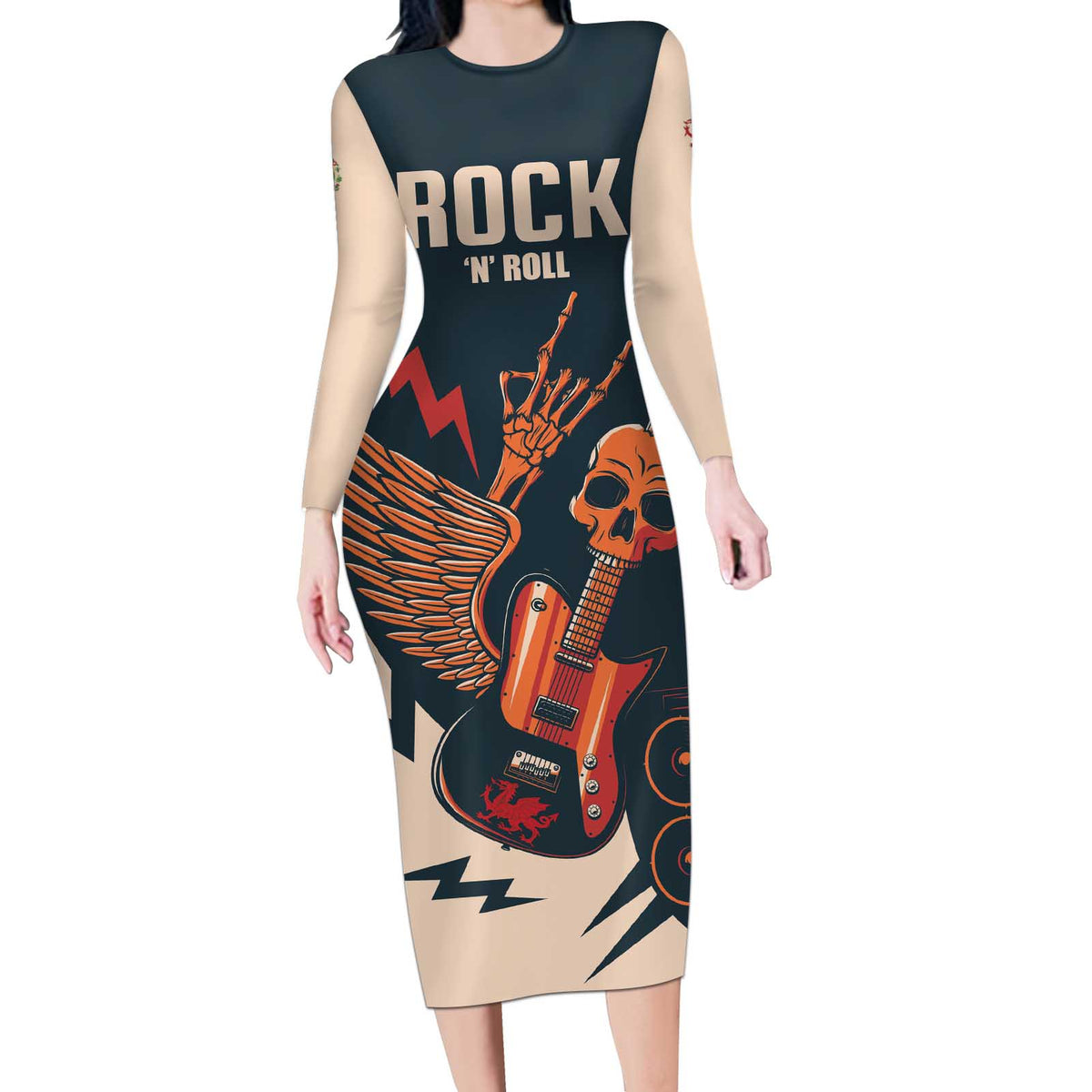 Rock and Roll Skull Guitar Long Sleeve Bodycon Dress Welsh Dragon - Wonder Print Shop