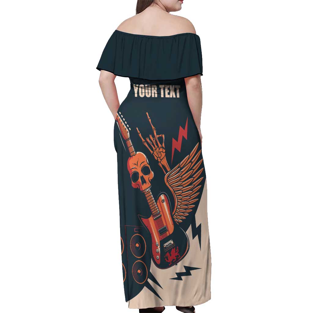 Rock and Roll Skull Guitar Off Shoulder Maxi Dress Welsh Dragon - Wonder Print Shop