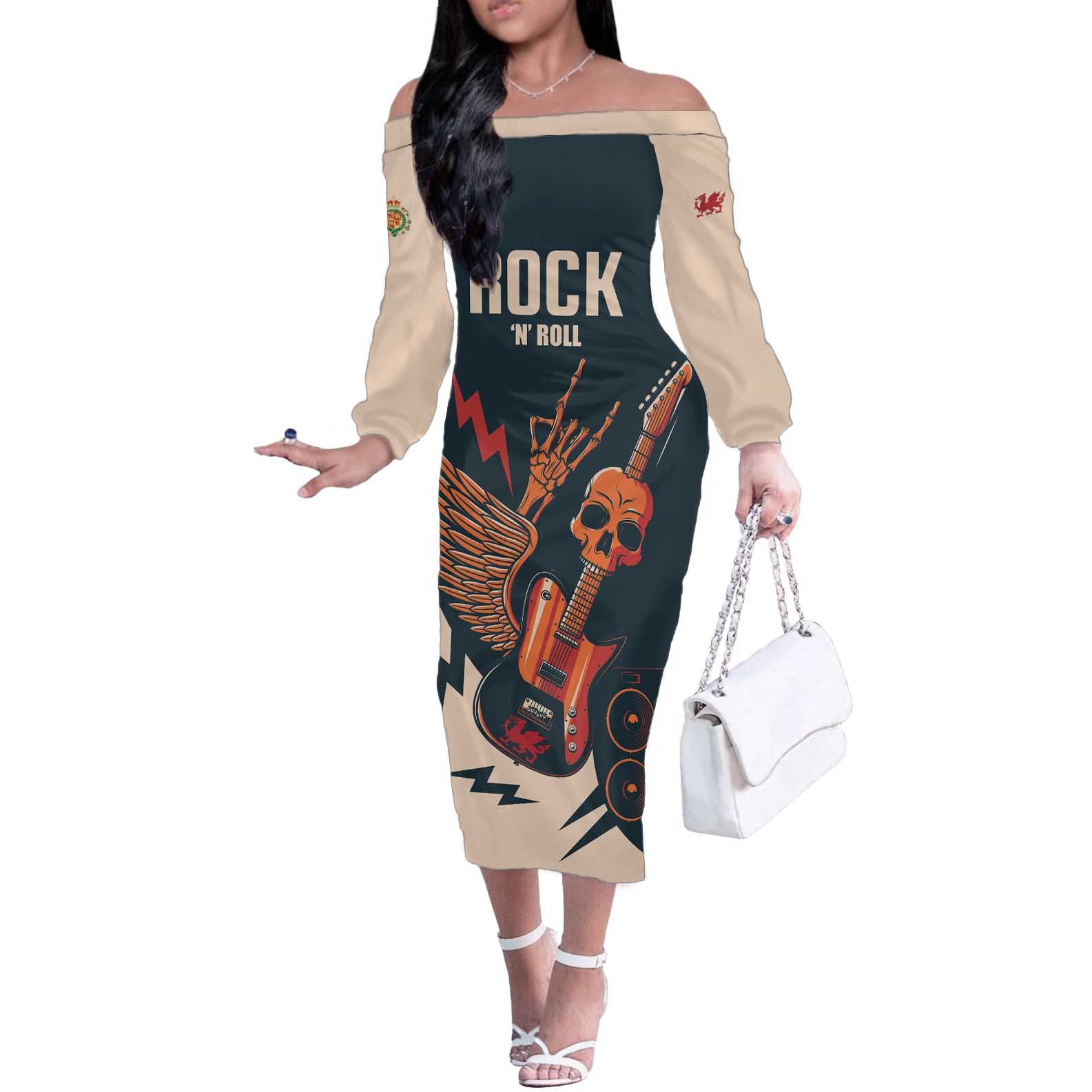 Rock and Roll Skull Guitar Off The Shoulder Long Sleeve Dress Welsh Dragon - Wonder Print Shop