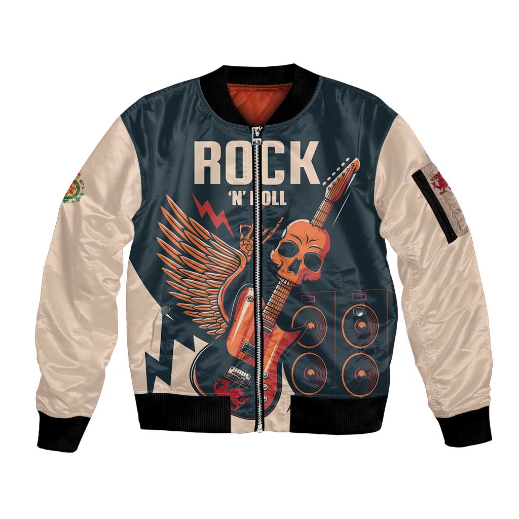 Rock and Roll Skull Guitar Sleeve Zip Bomber Jacket Welsh Dragon - Wonder Print Shop