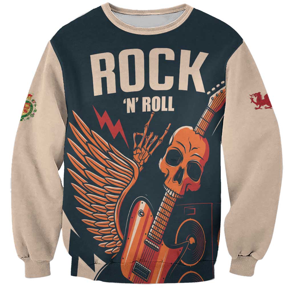 Rock and Roll Skull Guitar Sweatshirt Welsh Dragon - Wonder Print Shop
