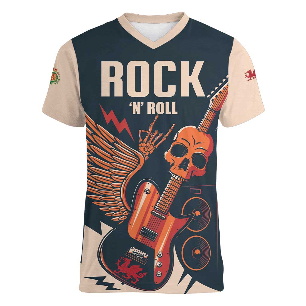 Rock and Roll Skull Guitar Women V-Neck T-Shirt Welsh Dragon - Wonder Print Shop