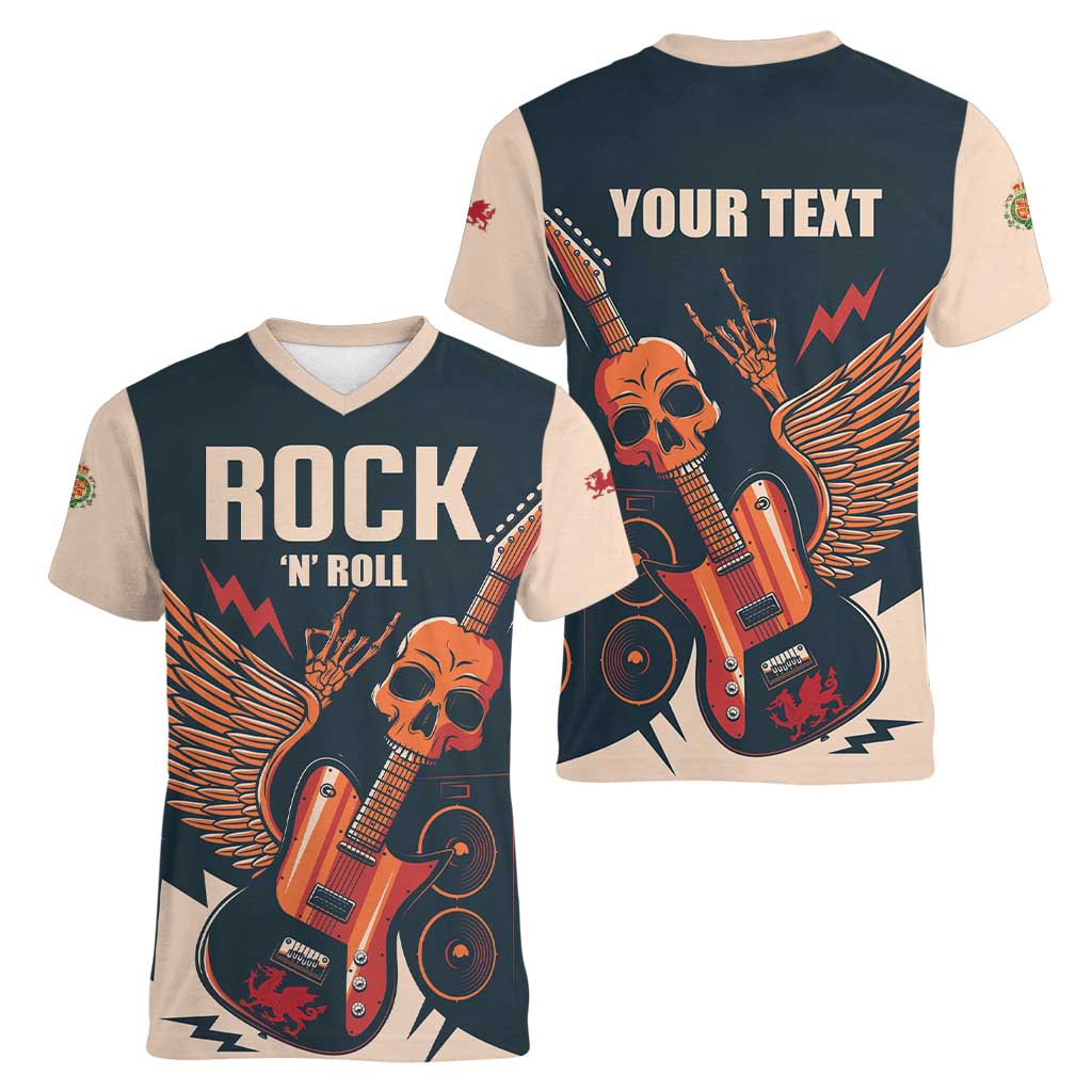 Rock and Roll Skull Guitar Women V-Neck T-Shirt Welsh Dragon - Wonder Print Shop