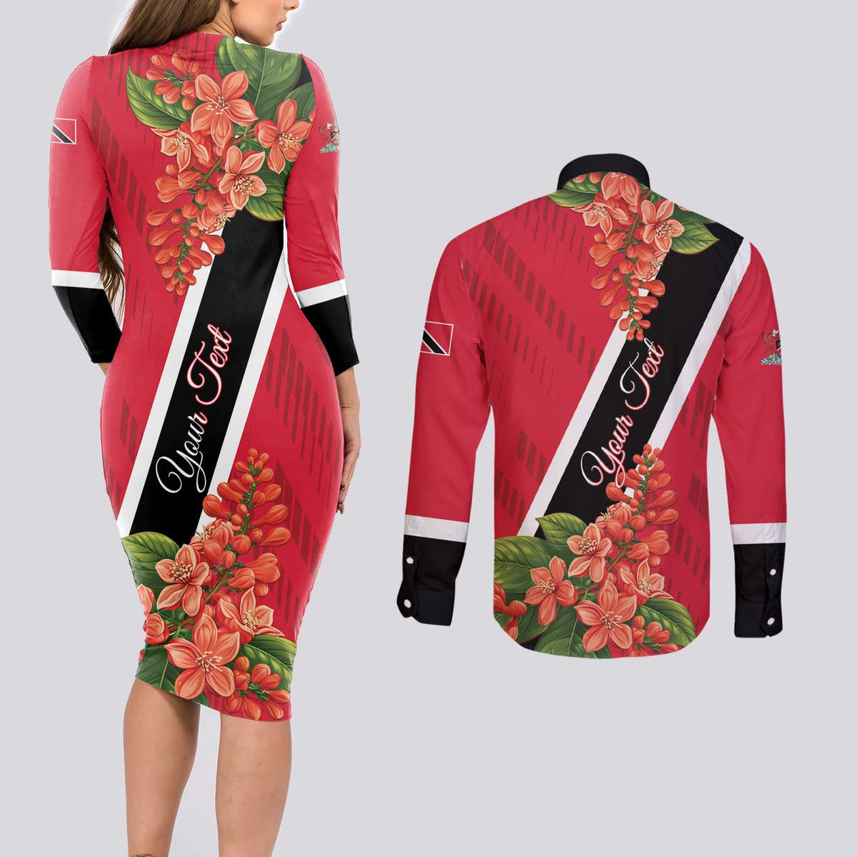 Trinidad and Tobago Couples Matching Long Sleeve Bodycon Dress and Long Sleeve Button Shirt Scarlet Ibis With Chaconia Flower - Wonder Print Shop