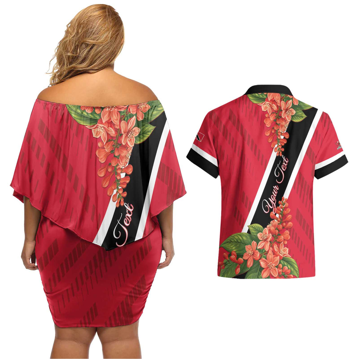Trinidad and Tobago Couples Matching Off Shoulder Short Dress and Hawaiian Shirt Scarlet Ibis With Chaconia Flower - Wonder Print Shop