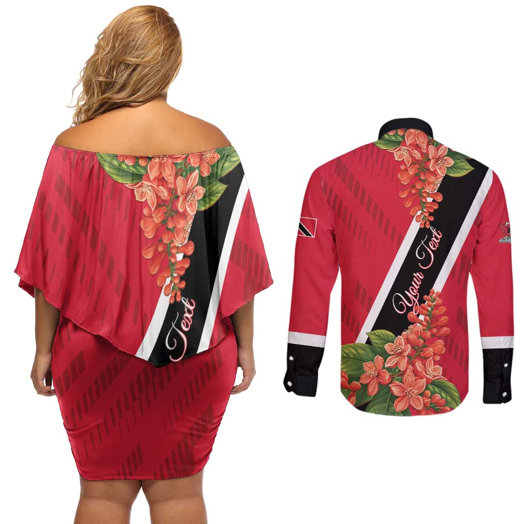 Trinidad and Tobago Couples Matching Off Shoulder Short Dress and Long Sleeve Button Shirt Scarlet Ibis With Chaconia Flower - Wonder Print Shop